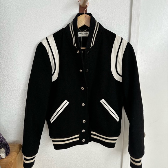 COPY - AUTHENTICATED SAINT LAURENT BLACK W/ WHITE LEATHER TRIM TEDDY BOMBER JAC… - Picture 3 of 15